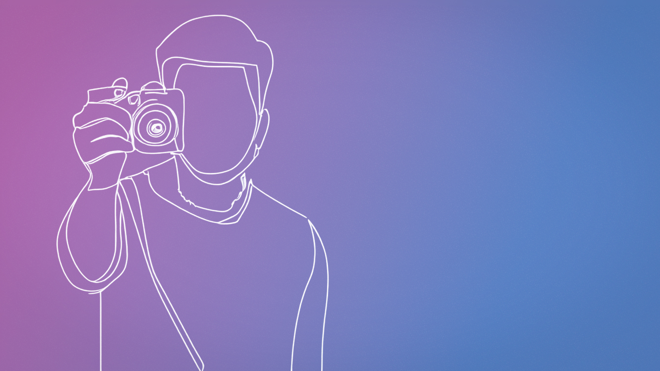 illustrated outline drawing of a photographer against a purple background