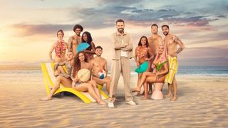 Promotional image for 'Dating Naked UK' season 2 showing Rylan Clark and the 10 contestants on a beach.