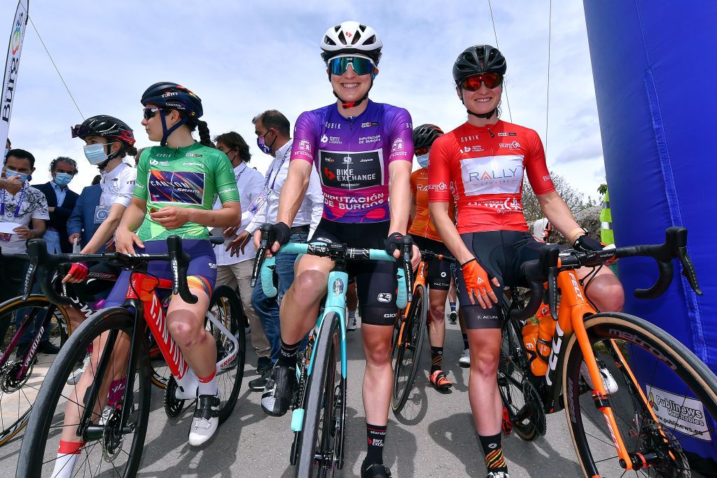 VILLARCAYO SPAIN MAY 21 Niamh FisherBlack of New Zealand and Team SD Worx white best young jersey Elise Chabbey of Switzerland and Team Canyon SRAM Racing Green Points Jersey Grace Brown of Australia and Team BikeExchange Purple Leader Jersey Heidi Franz of United States and Team Rally Cycling Red mountain jersey at start in Pedrosa de Valdeporres during the 6th Vuelta A Burgos Feminas 2021 Stage 2 a 97km stage from Pedrosa de Valdeporres to Villarcayo VueltaBurgos BurgosFem UCIWWT on May 21 2021 in Villarcayo Spain Photo by Luc ClaessenGetty Images