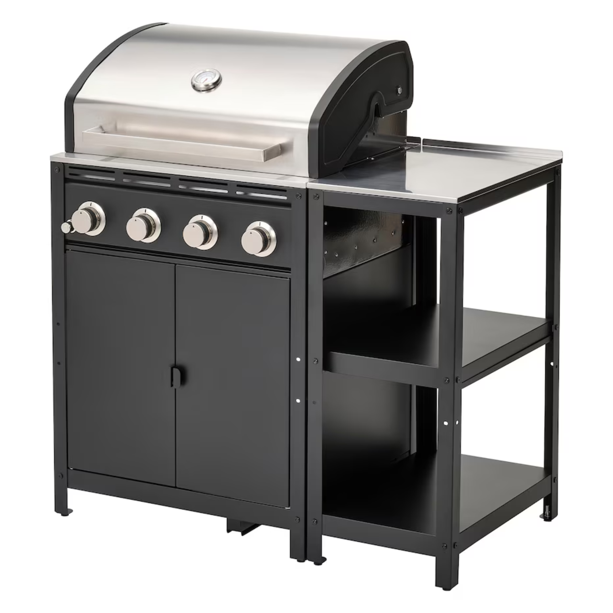 stainless steel grill with an attached shelf