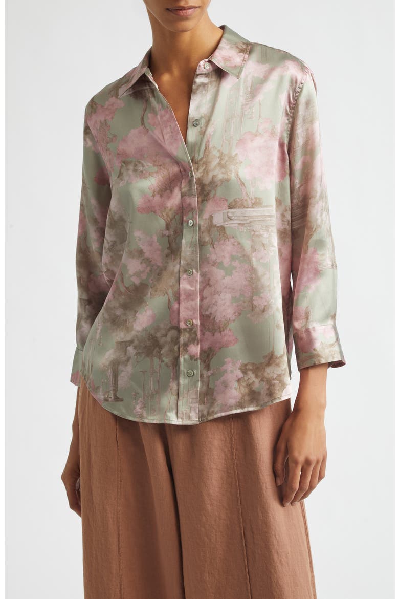 Dani Floral Three-Quarter Sleeve Silk Button-Up Shirt
