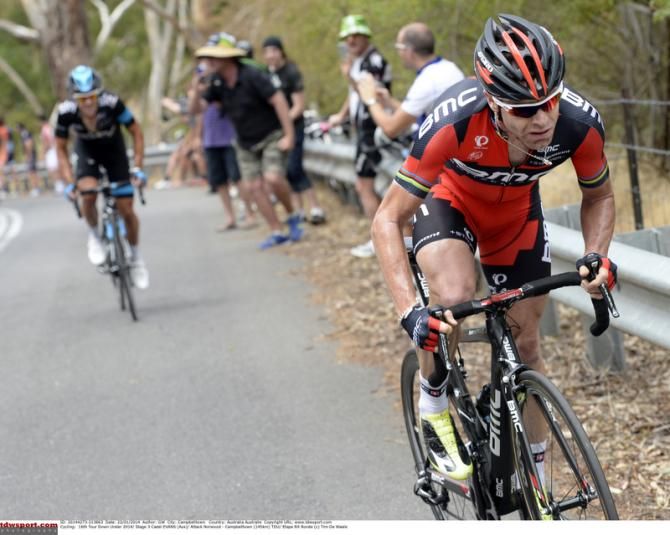 Cadel Evans (BMC) attacks on the Corkscrew to win the stage and move into the Tour Down Under led in 2014