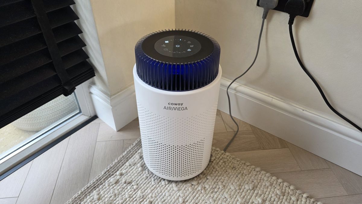 The Coway Airmega 100 standing in the corner of a room near some blinds.