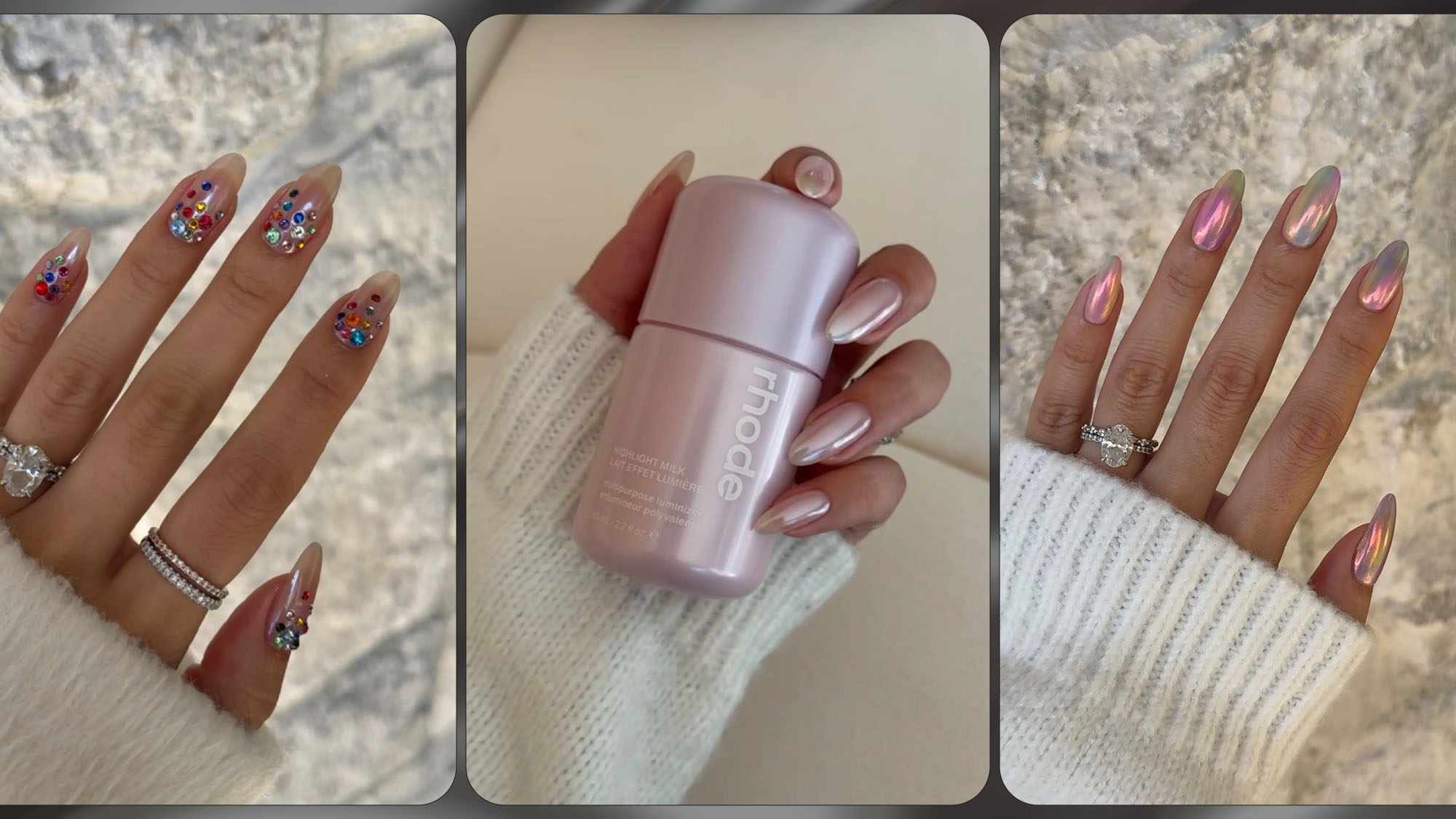 Confetti nail designs, chrome pink nails, and cotton candy sunset nails.