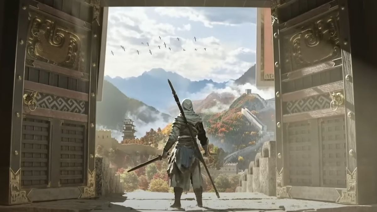 An assassin stands by an open door overlooking a Chinese landscape