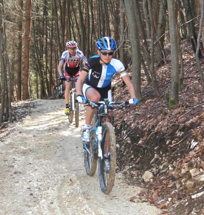Maja Wloszczowska and Stephane Tempier on the Albstadt World Cup course
