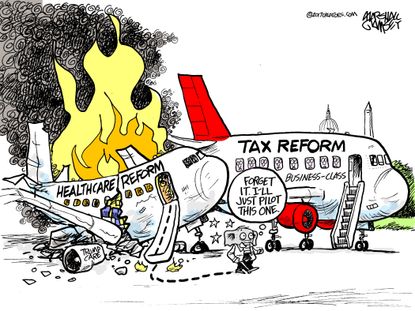 Political cartoon U.S. Trump GOP healthcare repeal and replace tax code complications