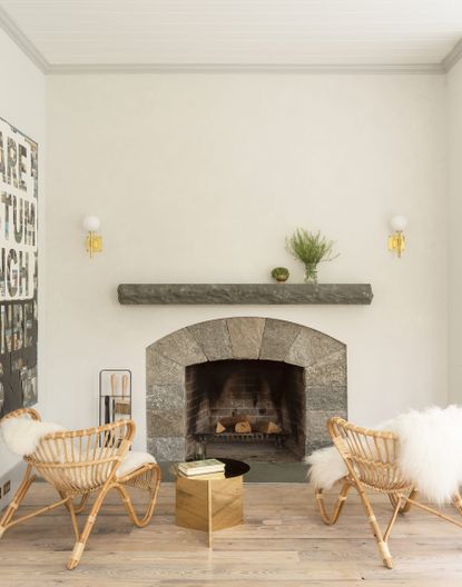 Rustic living room with stone fireplace