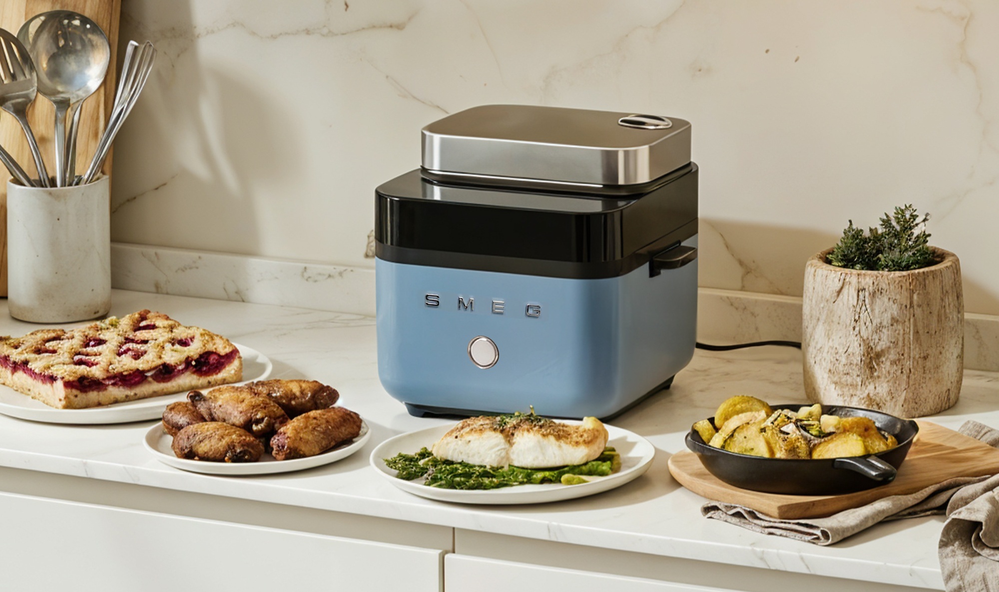 smeg air fryer in a modern kitchen setting