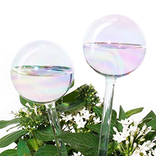 [2 Pcs] Light Iridescent Rainbow Gradient Color Clear Glass Self-Watering System Spikes, Automatic Plant Waterer Bulbs
