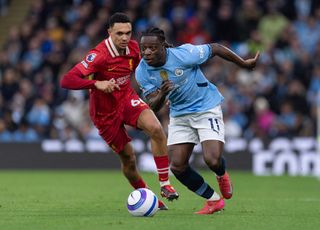 LONDON, ENGLAND - FEBRUARY 26: Jeremy Doku of Manchester City during the Premier League match between Tottenham Hotspur FC and Manchester City FC at Tottenham Hotspur Stadium on February 26, 2025 in London, England. (Photo by Harry Murphy - Danehouse/Getty Images)