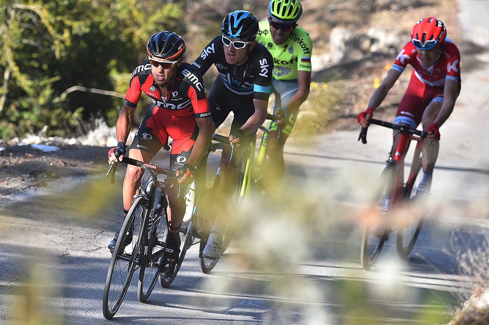 Richie Porte leads the final front group toward the finish of stage 6 at Paris-Nice