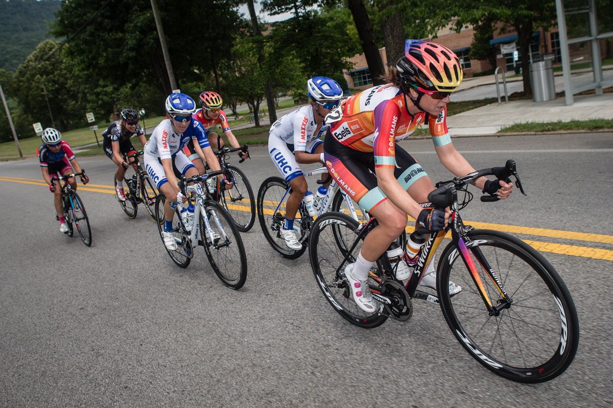 Evelyn Stevens (Boels-Dolmans) on the front of the break before launching an attack.