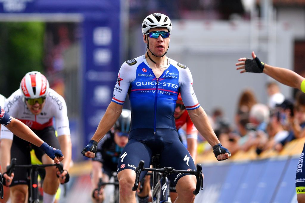 BERINGEN BELGIUM JUNE 19 Fabio Jakobsen of Netherlands and Team QuickStep Alpha Vinyl celebrates winning during the 91st Baloise Belgium Tour 2022 Stage 5 a 1799km stage from Gingelom to Beringen BaloiseBelgiumTour on June 19 2022 in Beringen Belgium Photo by Luc ClaessenGetty Images