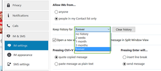 disable conversation history skype for business