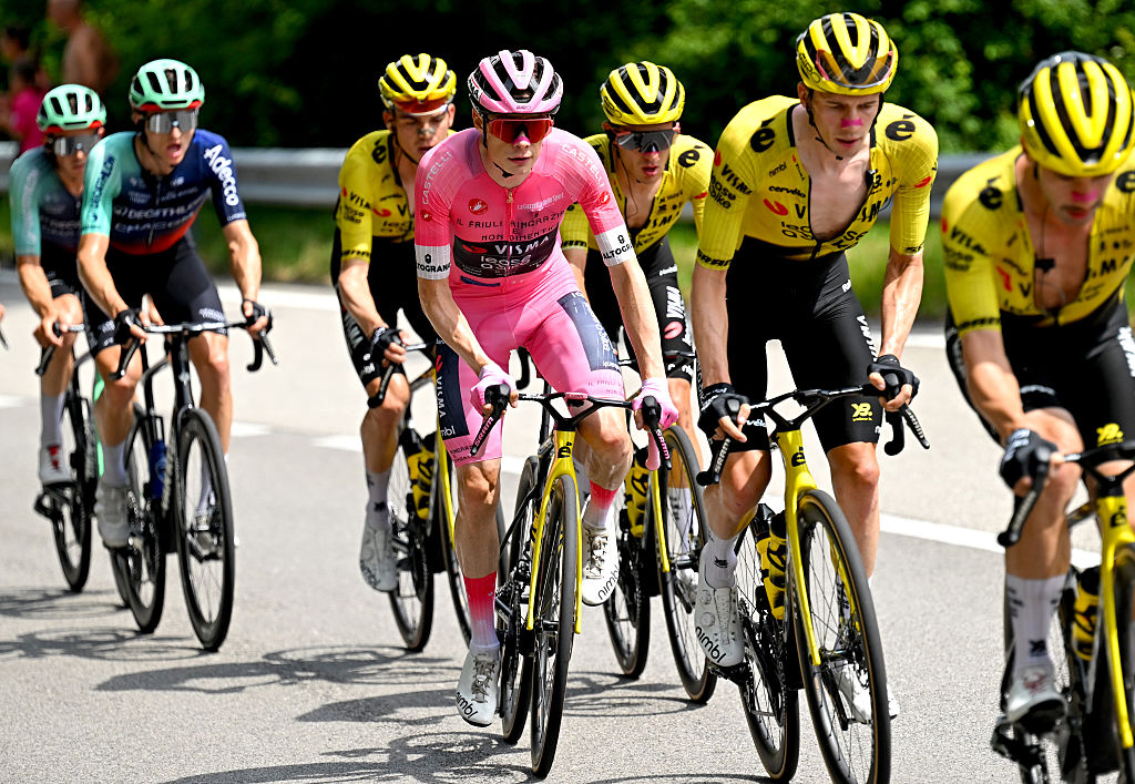  Jonas Vingegaard of Denmark and Team Visma | Lease a Bike - Pink Leader Jersey competes during the 109th Giro d'Italia 