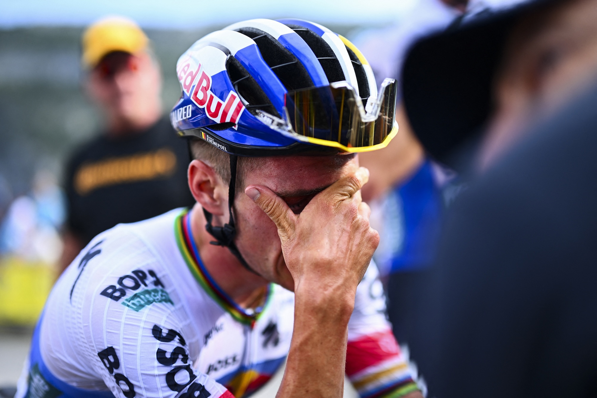 An emotional Remco Evenepoel (Red Bull-Bora-hansgrohe) reacts seconds after winning stage 15
