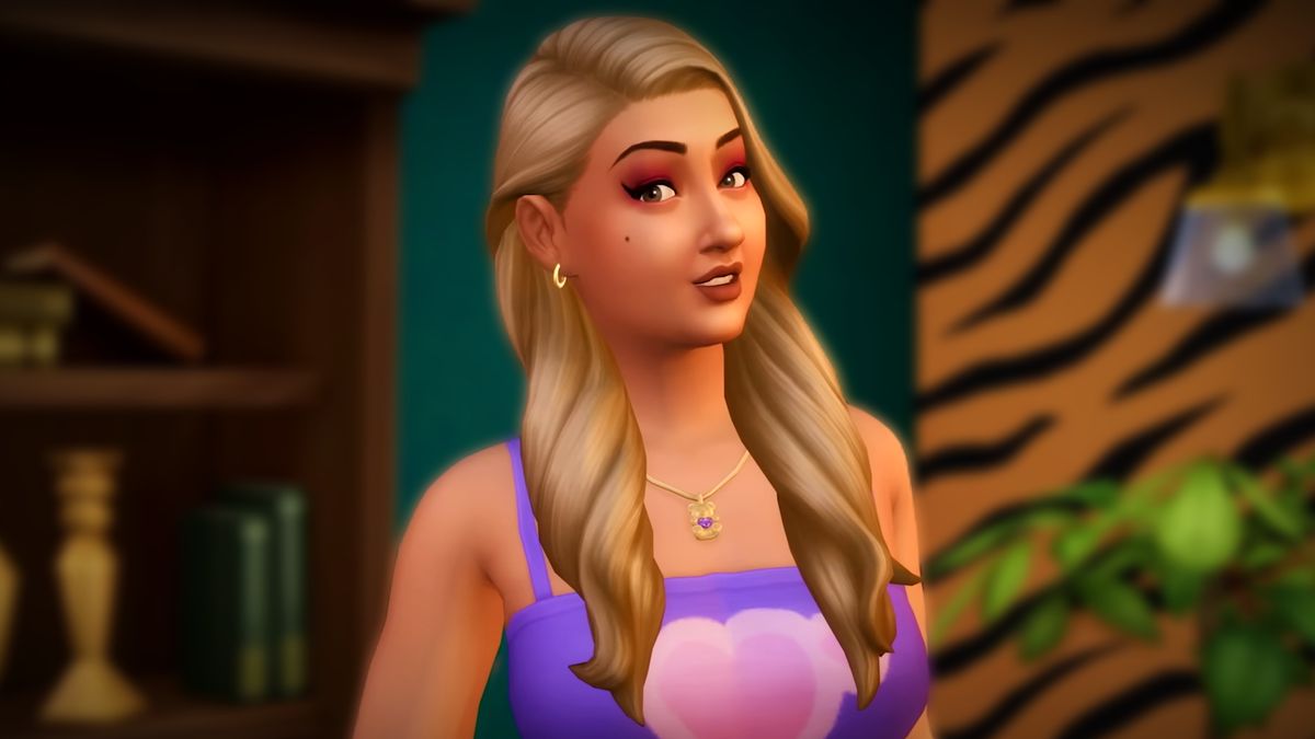 The Sims 4 Lovestruck reveal trailer screenshot showing a young woman with long blonde hair and a purple-pink crop top side-eyeing