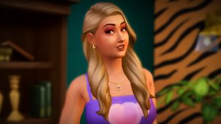 The Sims 4 Lovestruck reveal trailer screenshot showing a young woman with long blonde hair and a purple-pink crop top side-eyeing