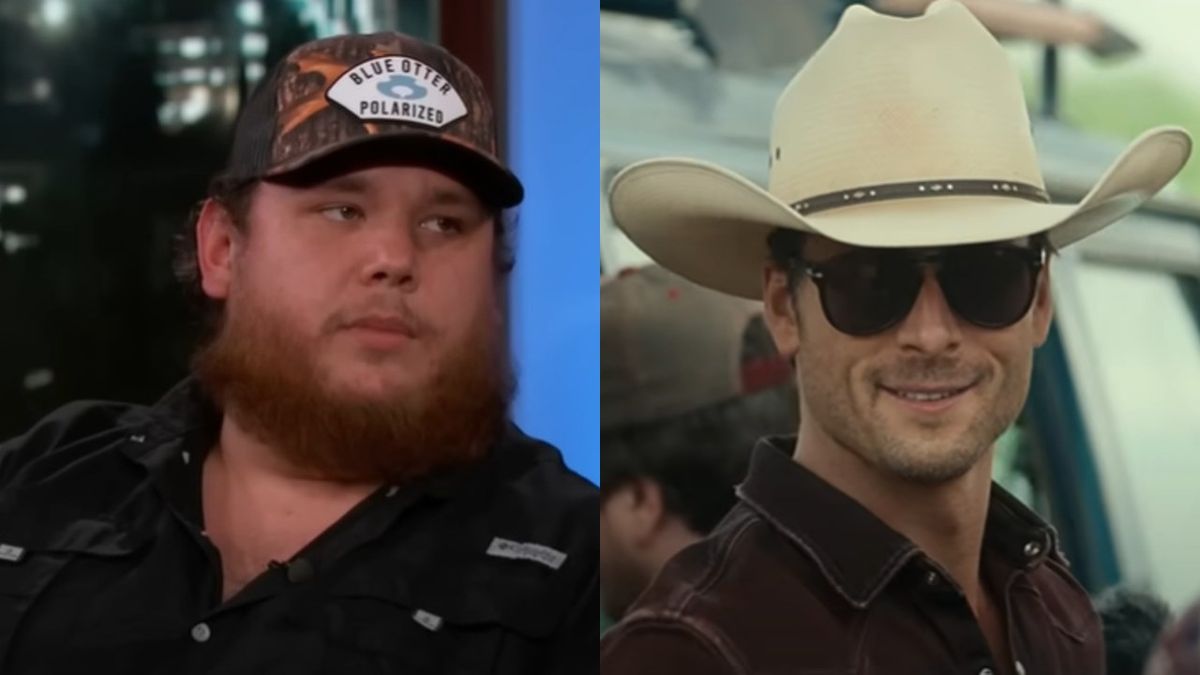 From left to right: Luke Combs talking on Jimmy Kimmel and Glen Powell smiling while wearing a cowboy hat and sunglasses in Twisters.