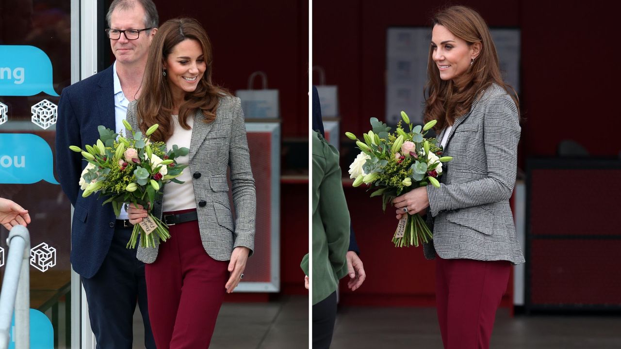 Composite of two pictures of Kate Middleton wearing burgundy trousers and holding flowers as she attends Shout&#039;s Crisis Volunteer celebration event in 2019