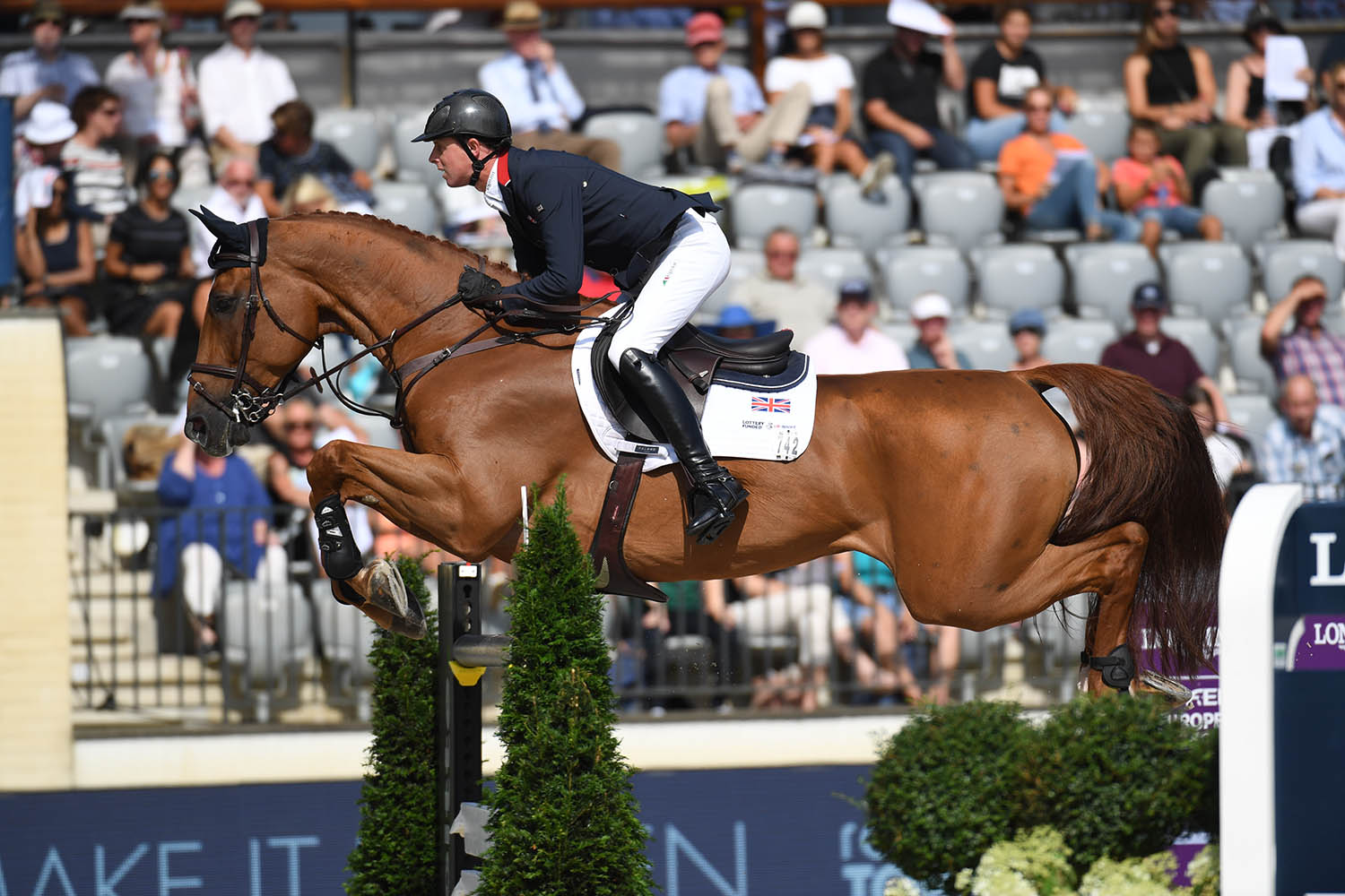 Horse Jumping Ben Maher (GBR) riding Explosion W in the Second Qualifying Competition - Team Final - Round 2 at the FEI Longines European Championships Jumping, Dressage &amp;amp; Para-Dressage Rotterdam 2019 held in Kralingse Bos in Rotterdam in the Netherlands on 19-25th August 2019