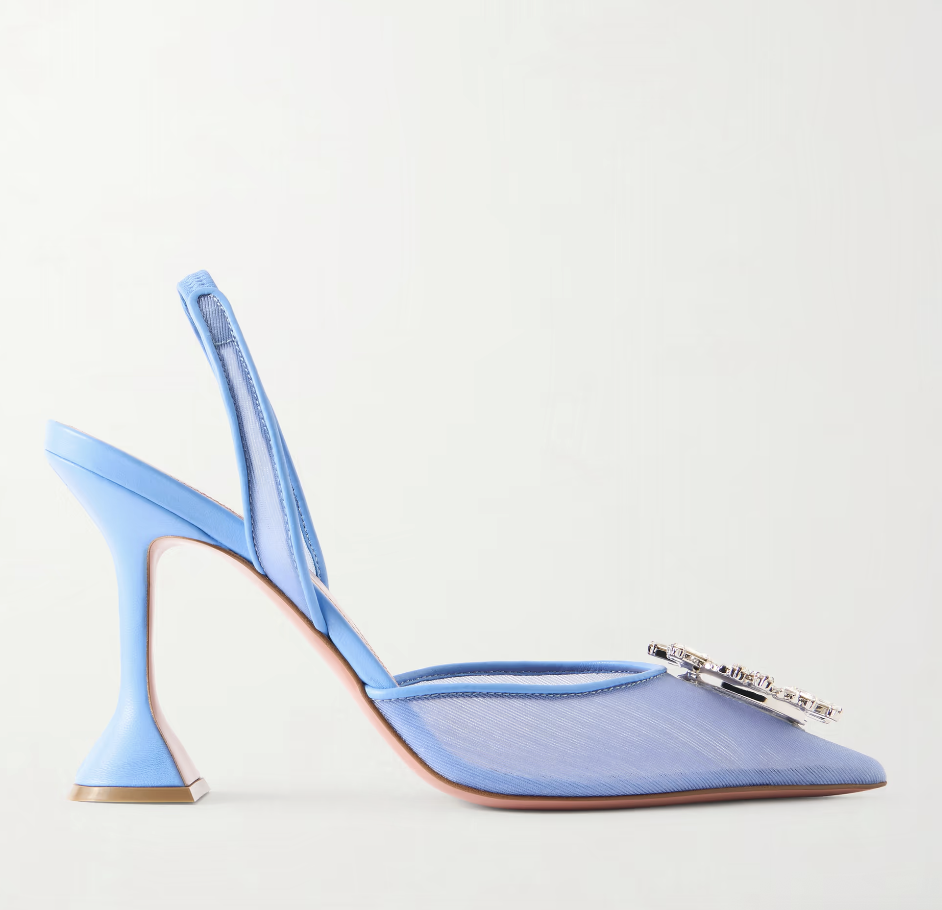 Amina Muaddi, Begum leather-trimmed crystal-embellished mesh slingback pumps