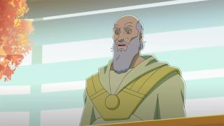 Still from the adult animated superhero T.V. show Invincible. Here we see an older man wearing light yellow robes. He's bald on top, with gray hair on the side joining onto a long beard and moustache. He's standing next to a tree with orange, yellow and red leaves.