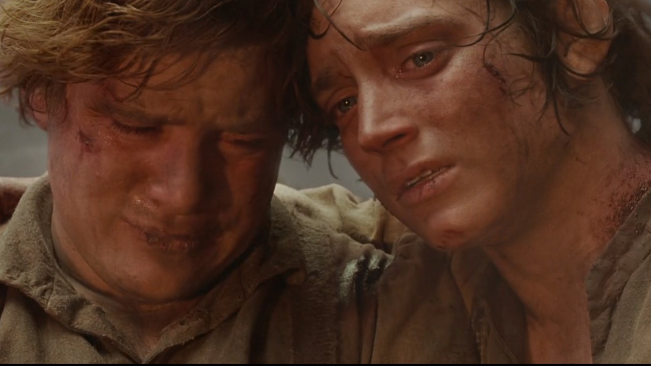 Sam and Frodo cry together after surviving Mount Doom.