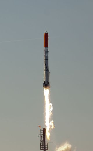 Copenhagen Suborbitals' HEAT-1X rocket blasts off from a platform in the Baltic Sea on June 3, 2011.