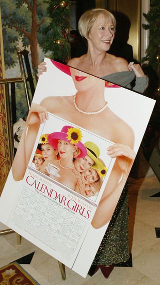 Helen Mirren with a Calendar Girls poster
