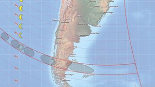 A map of the Oct. 2, 2024, annular solar eclipse across South America.