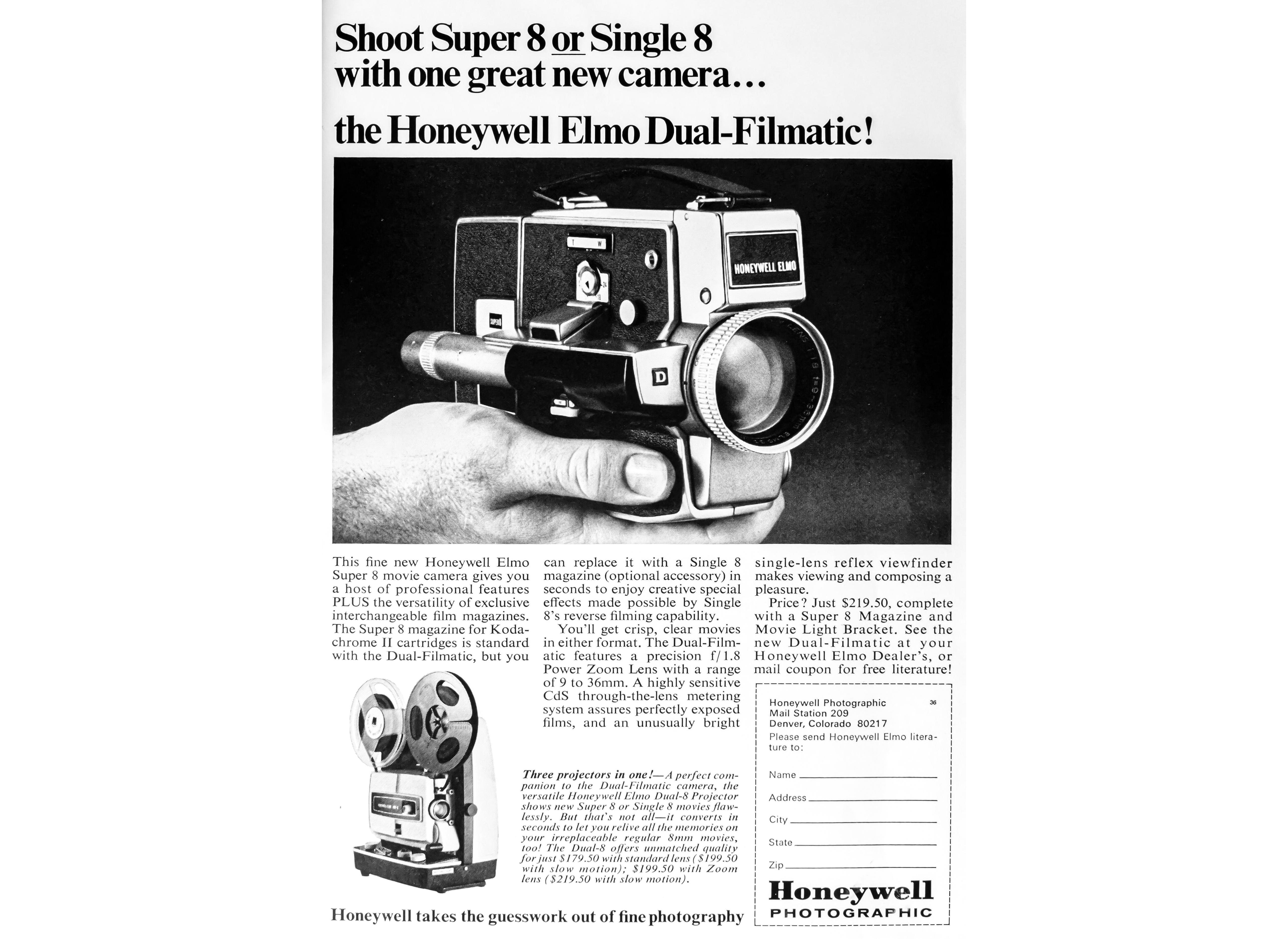 2PHGRKG Honeywell Elmo Dual-Filmatic Super 8 Single 8 8mm cameras advert in a Natgeo magazine, December 1966