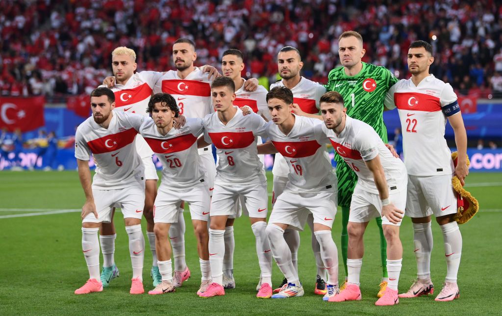 Turkey Euro 2024 squad Players of Turkiye pose for a team photograph prior to the UEFA EURO 2024 round of 16 match between Austria and Turkiye at Football Stadium Leipzig on July 02, 2024 in Leipzig, Germany. (Photo by Stu Forster/Getty Images)