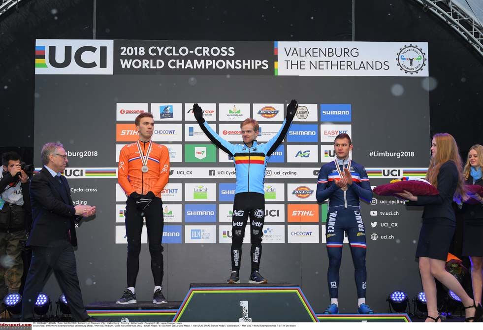 Joris Nieuwenhuis (Netherlands), Eli Iserbyt (Belgium) and Yan Gras (France) on the podium in Valkenburg