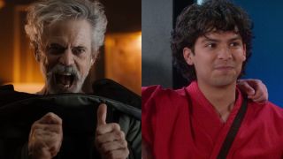 A screenshot of C. Thomas Howell giving a thumbs up in Obliterated and Xolo Maridueña smiling in Cobra Kai.