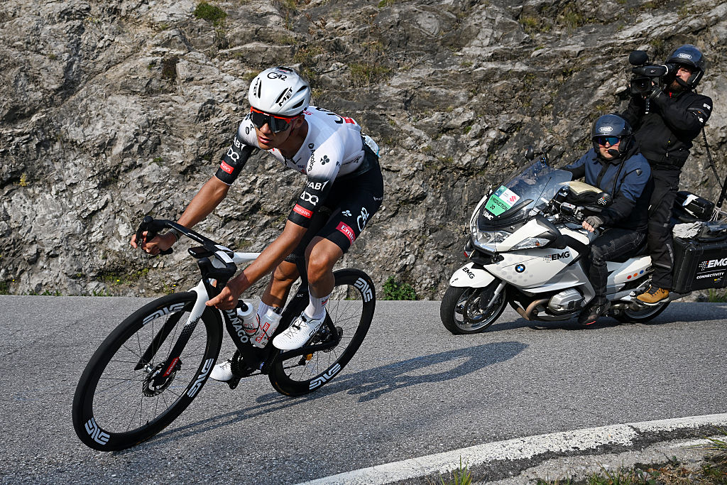 BERGAMO, ITALY - OCTOBER 11: Isaac Del Toro of Mexico and Team UAE Team Emirates competes during the 119th Il Lombardia 2025 a 241km one day race from Como to Bergamo on October 11, 2025 in Bergamo, Italy. (Photo by Dario Belingheri/Getty Images)
