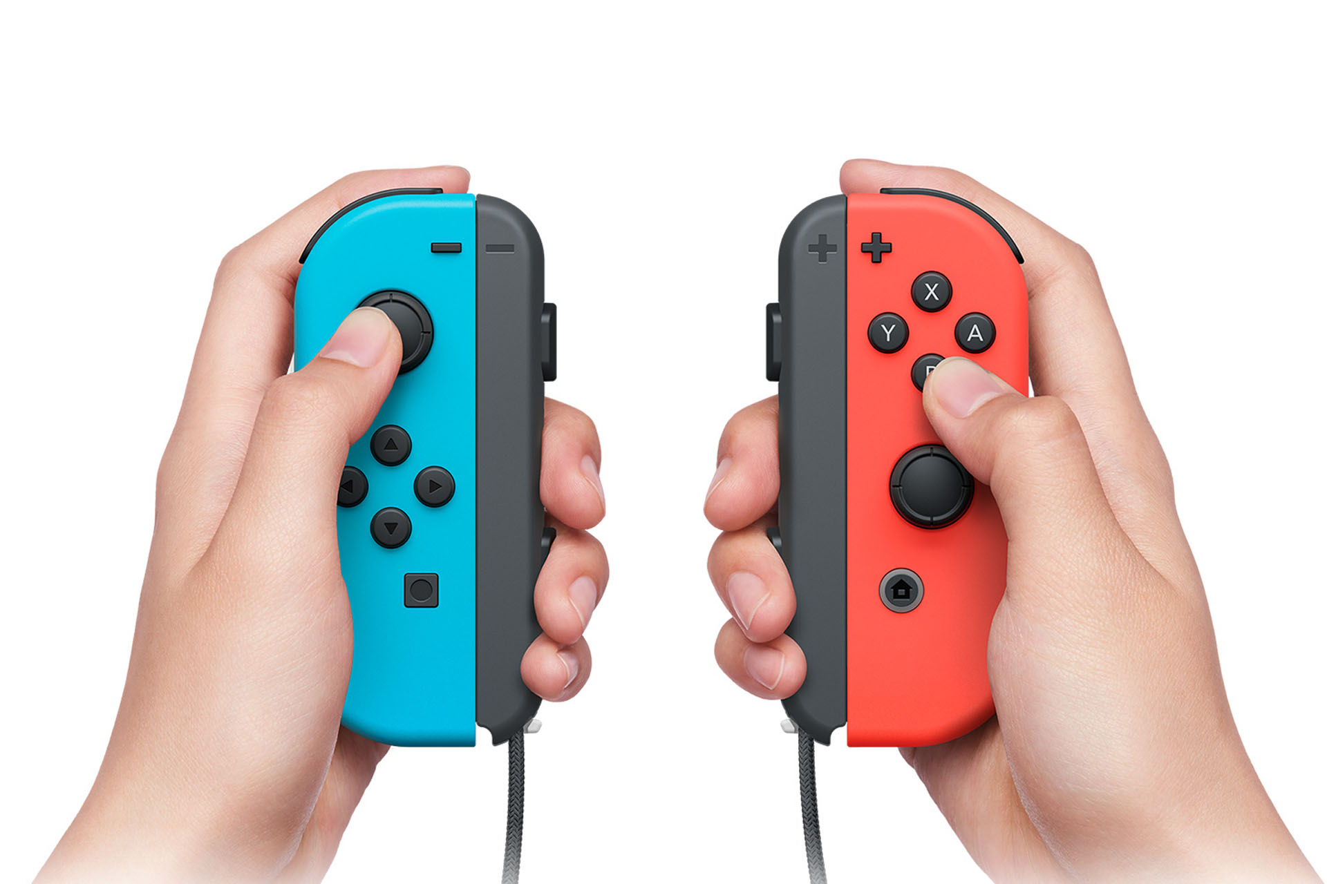 Käyttäjä, jolla on neonpunainen ja sininen Nintendo Switch Joy-Cons