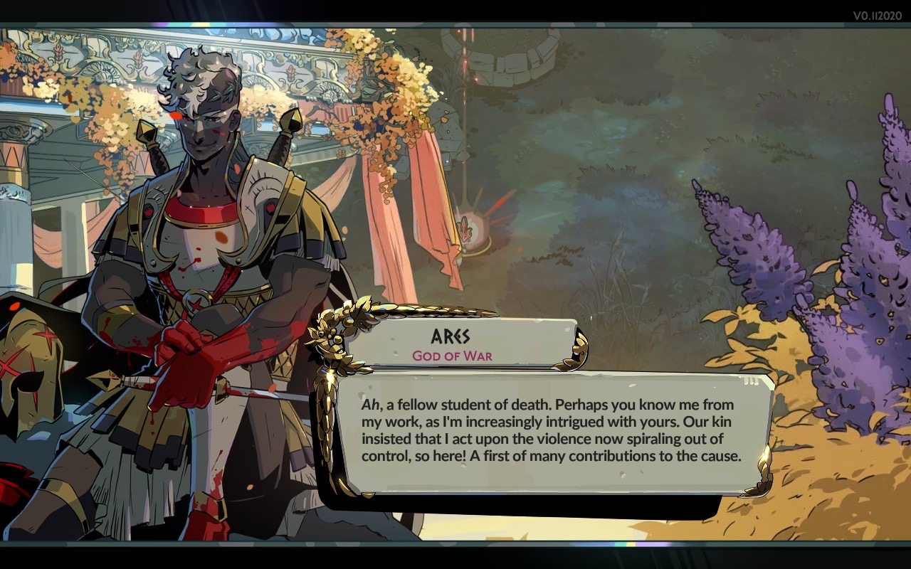 Hades 2 early access screenshot of Ares appearing to Melinoe for the first time to offer a boon in the Warsong update
