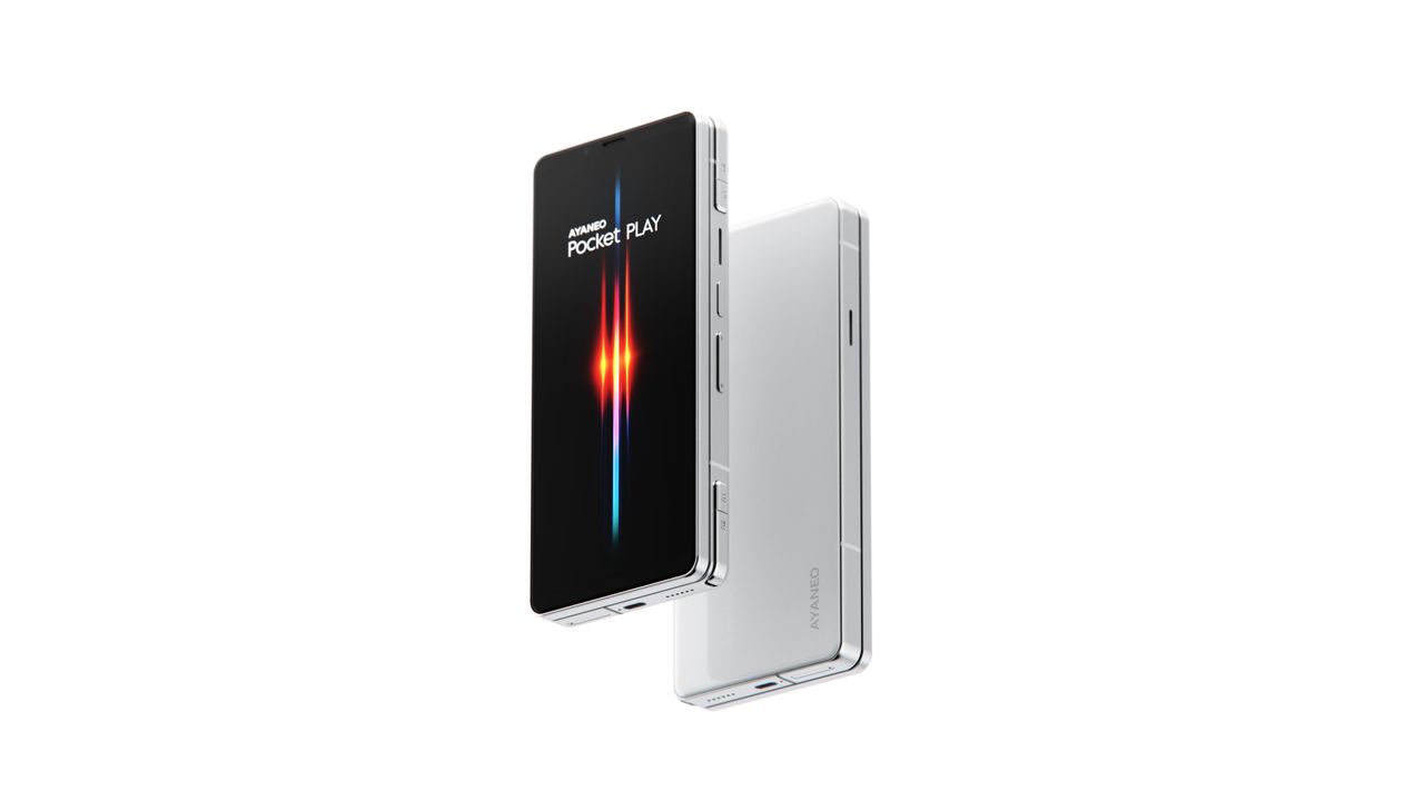 AYANEO Pocket PLAY in White front and back angled render