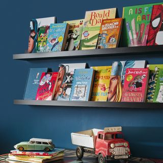 Childrens books displayed on shelves on dark painted wall