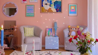 Light pink living room with pastel decor