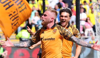 Hull City striker Oli McBurnie celebrates scoring against Norwich City in the Championship