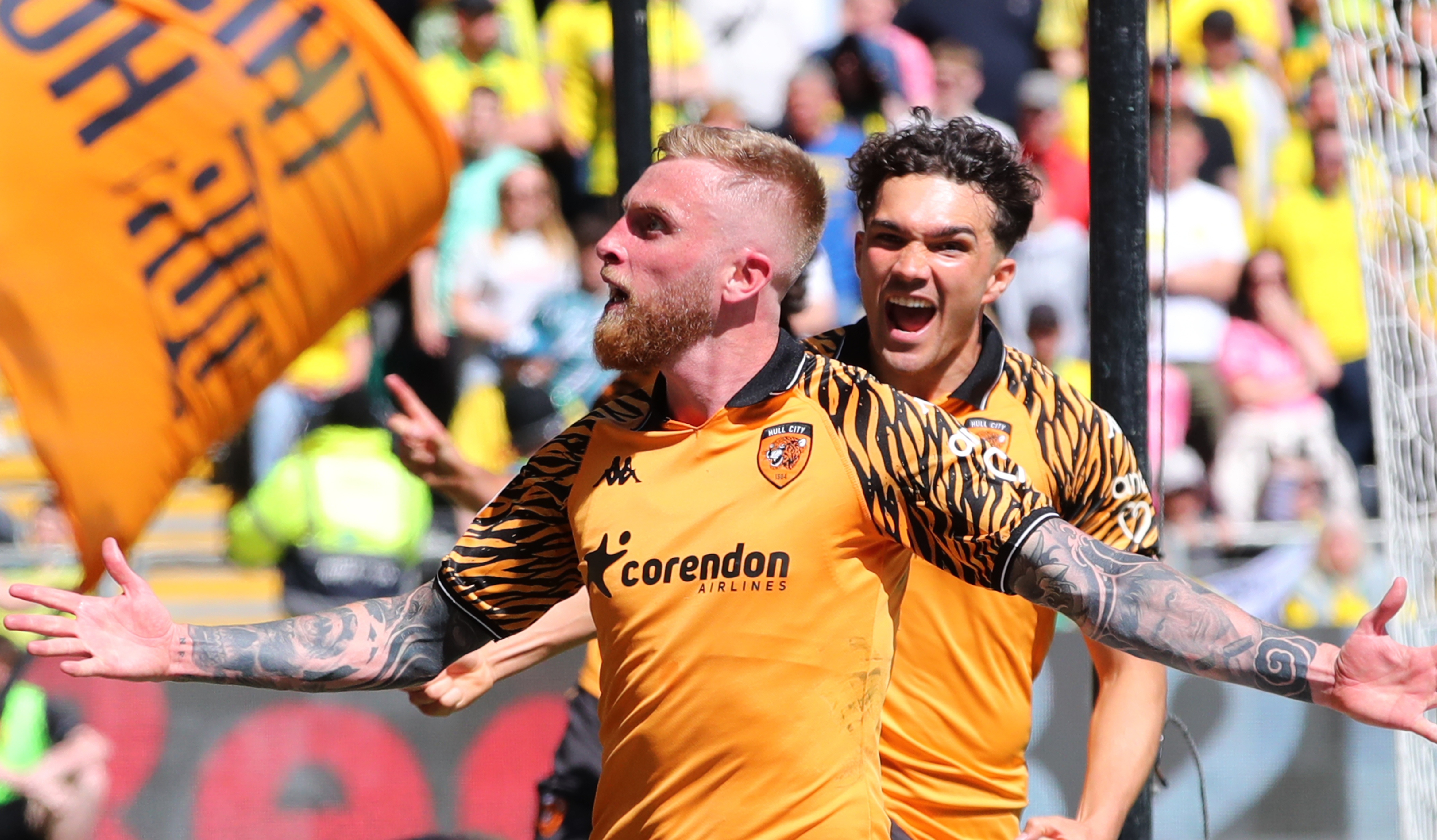 Hull City striker Oli McBurnie celebrates scoring against Norwich City in the Championship