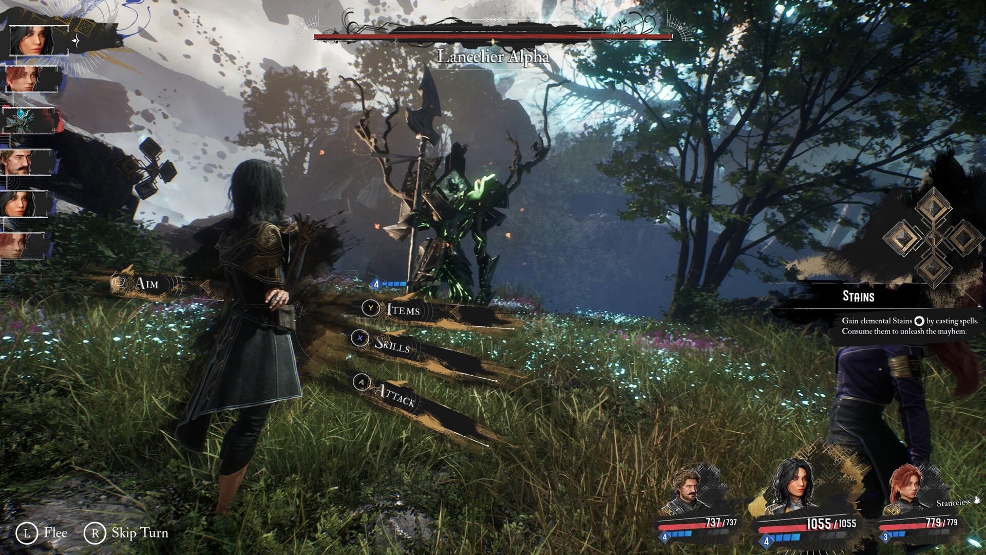 A woman preparing to attack using turn-based combat in a fight in the RPG Clair Obscur: Expedition 33