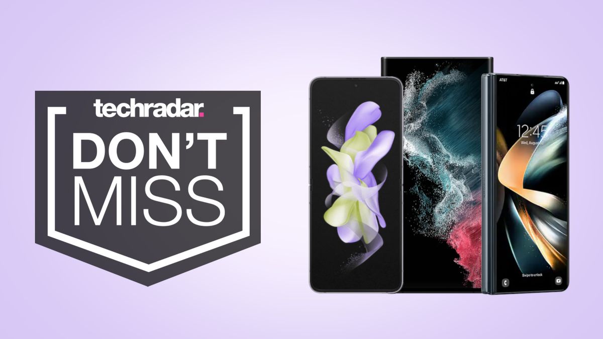 Samsung Galaxy S22, Galaxy Z Flip 4, and Galaxy Z Fold 4 on lilac background with &#039;don&#039;t miss&#039; text overlay