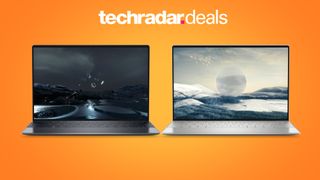 Dell XPS 13 2022 and XPS 13 Plus on bright orange background