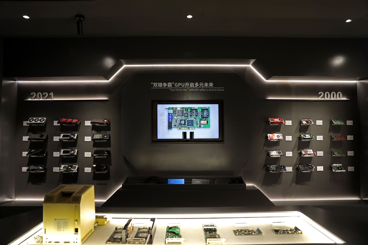 Colorful GPU museum featuring GPUs through the years