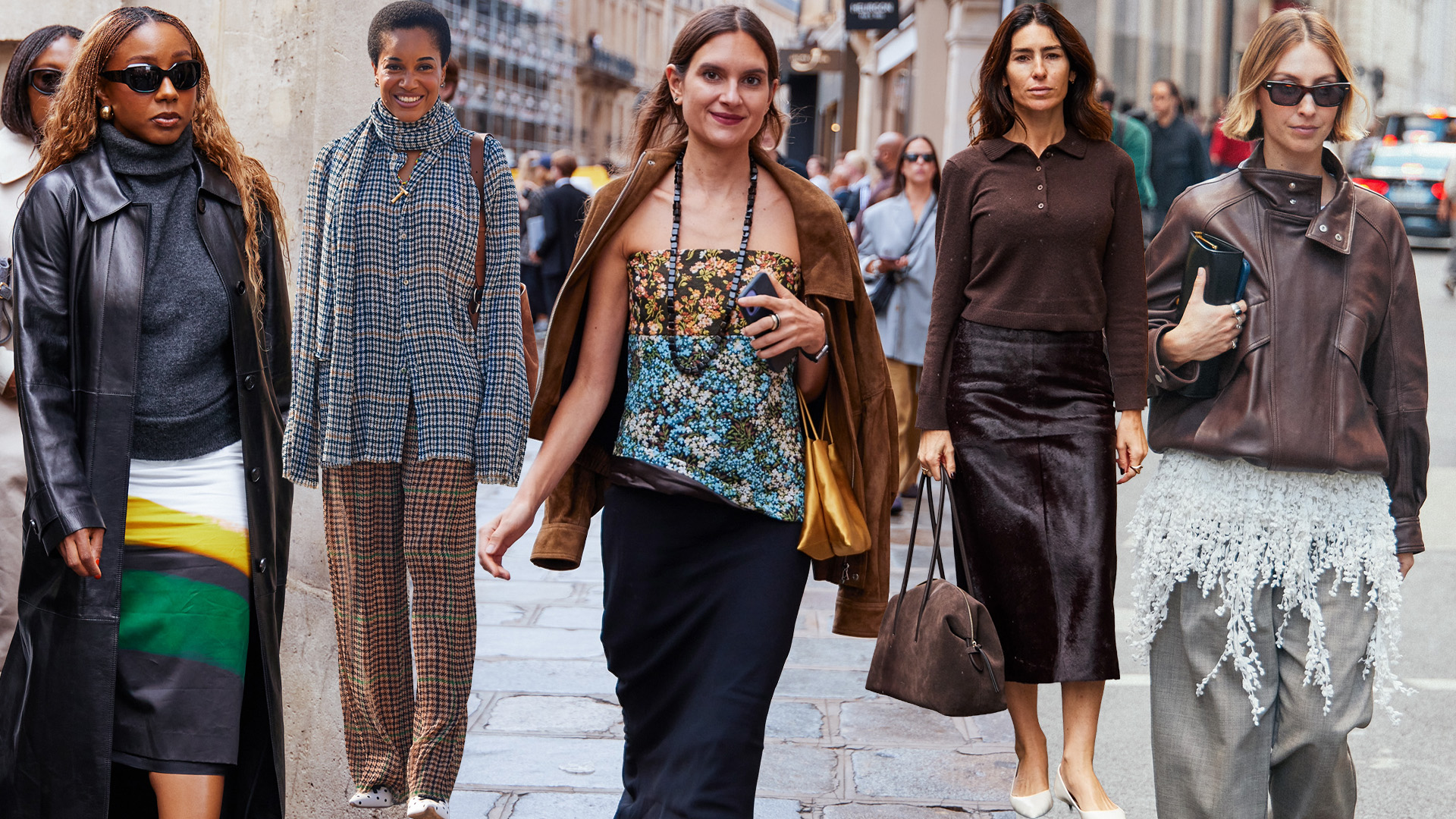 a collage of chic dressers from the streets of paris fashion week.