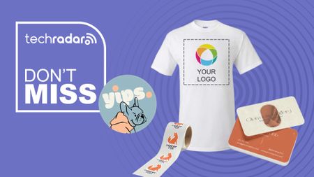 A VistaPrint t-shirt, business card, sticker roll on a purple background next to a TechRadar badge that reads 'Don't Miss'